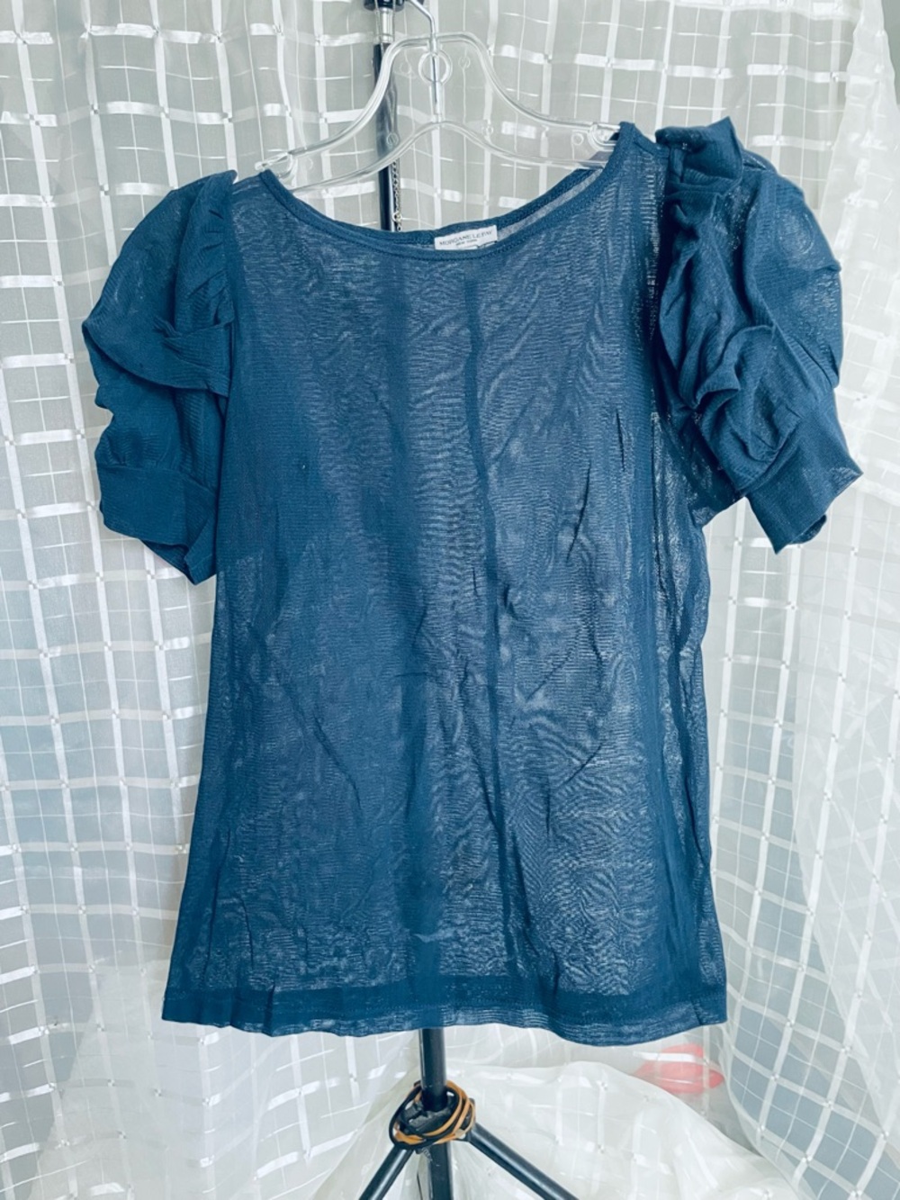 Morgane Le Fay Sheer Puff-Sleeve Top in Navy